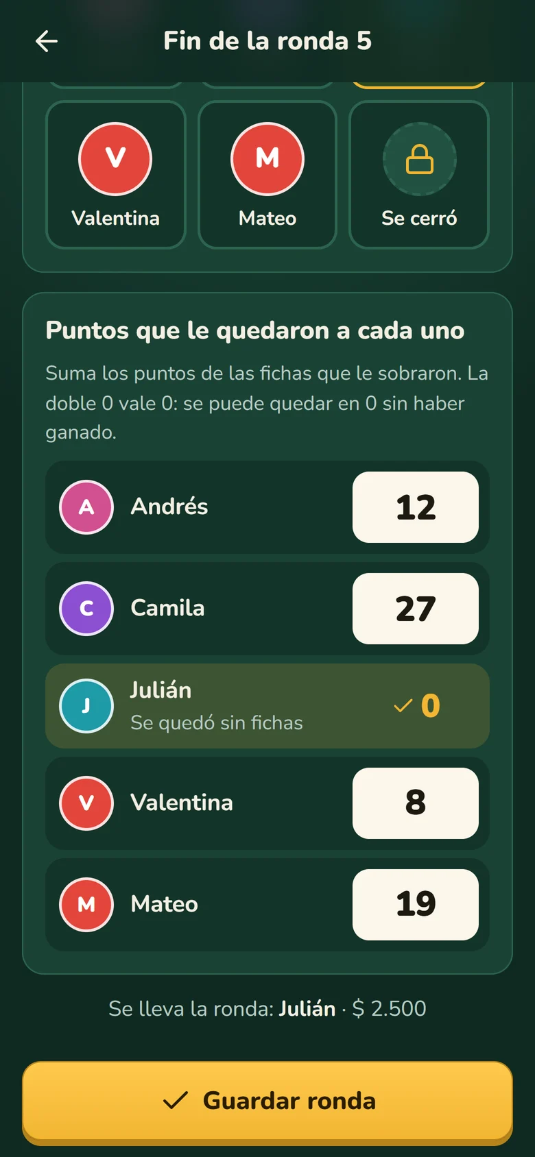 Anotar los puntos al terminar la ronda
