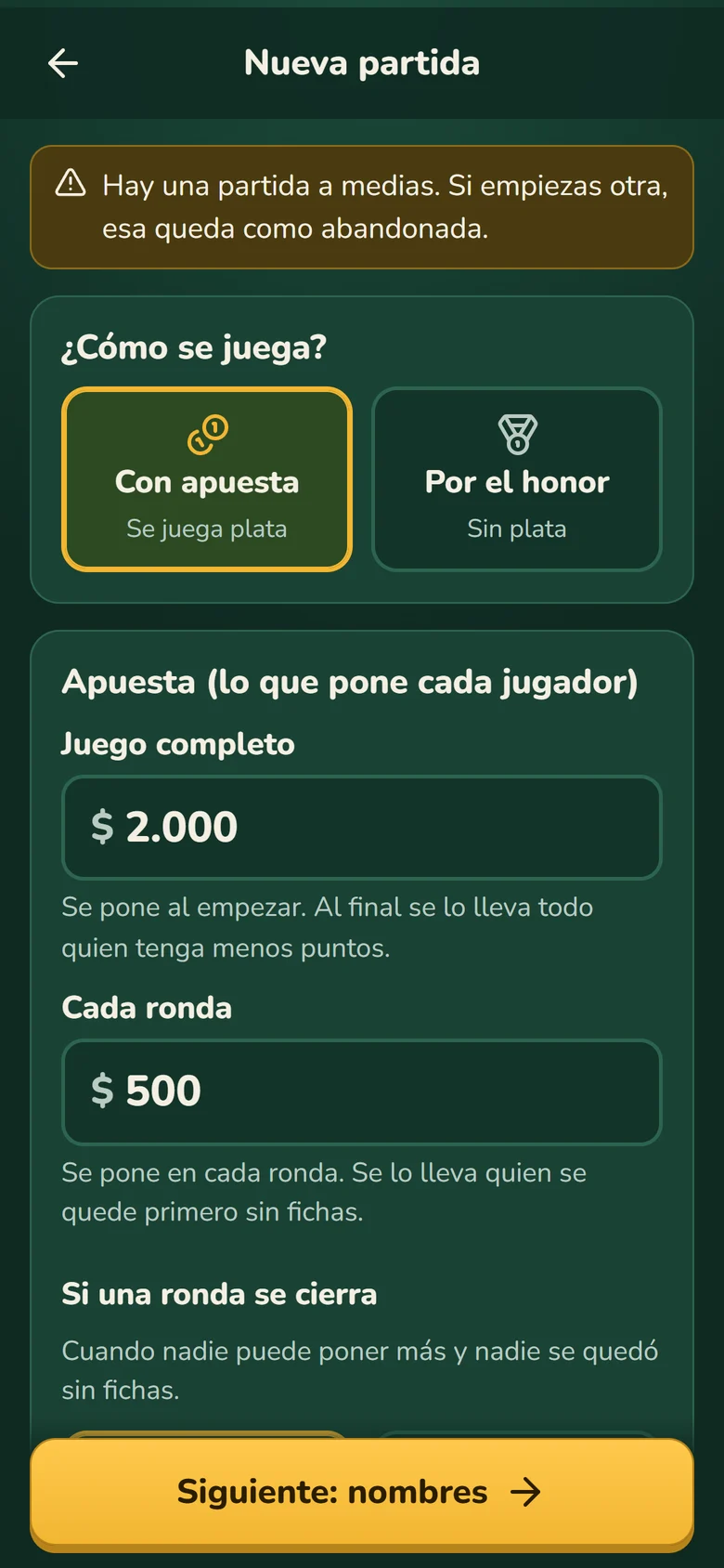 Configuración de una partida nueva